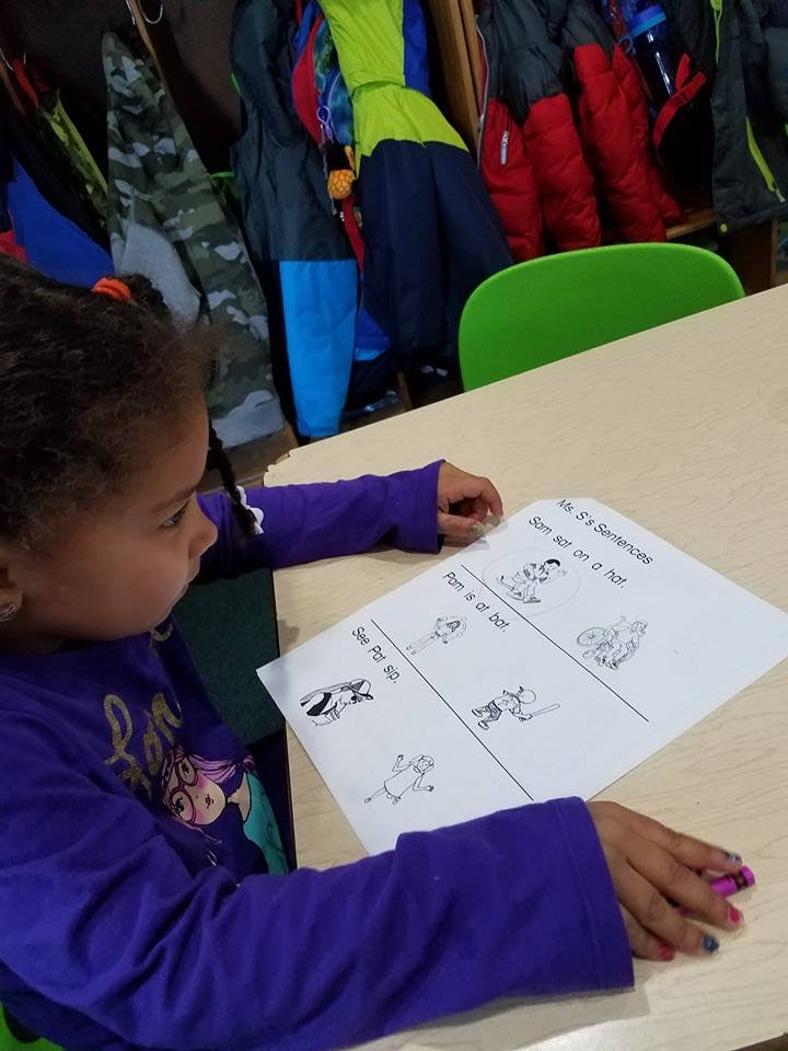 Child looking at a worksheet with drawings on-screen images and off-screen images