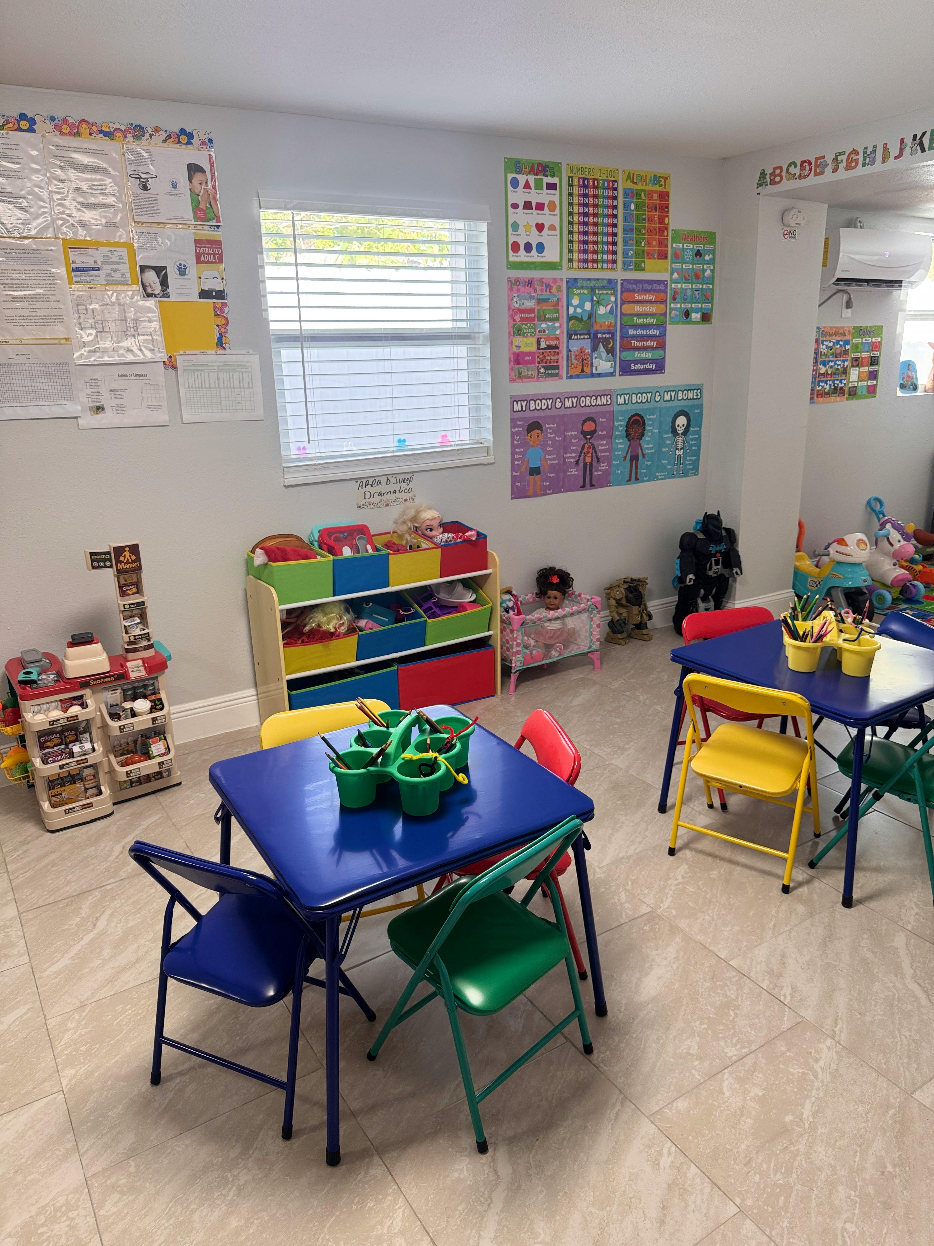 Classroom with small blue tables and colorful chairs