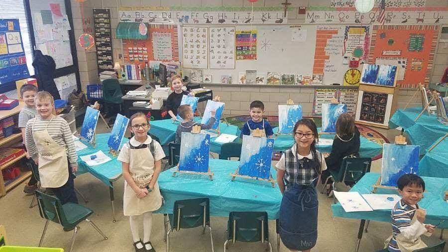 Children in a classroom with paintings on easels