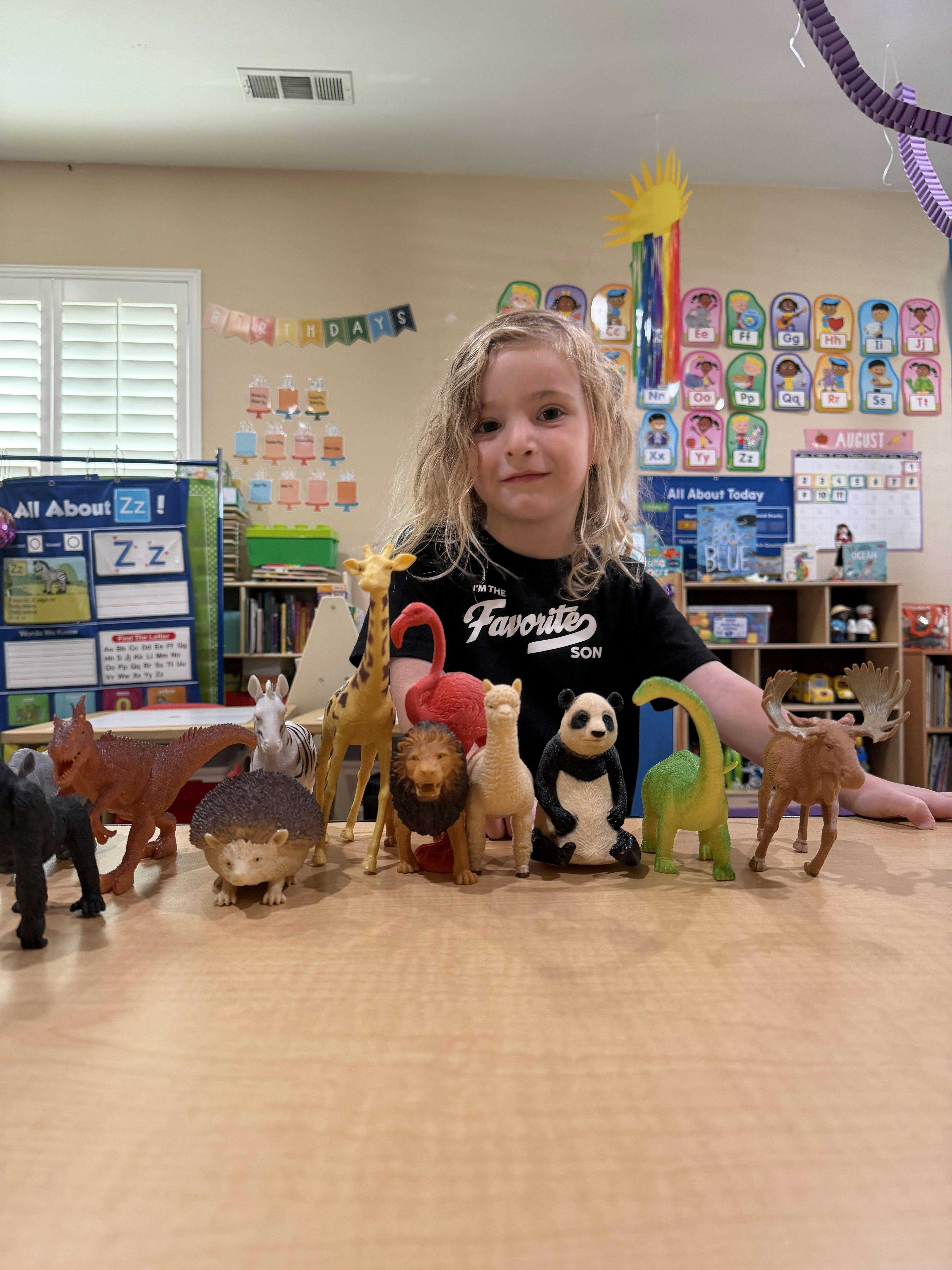 Child playing with a collection of animal and dinosaur figures in a classroom
