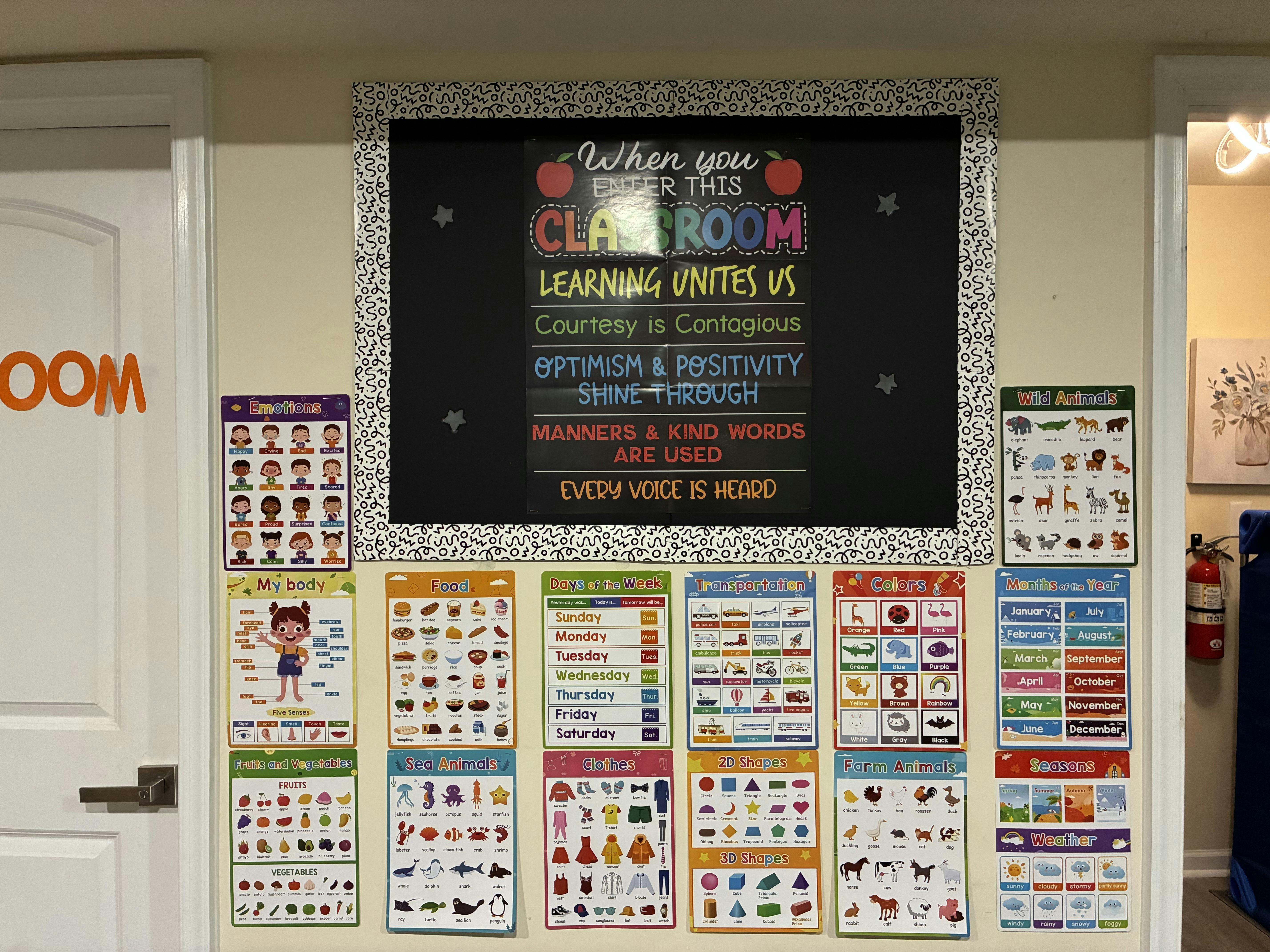 Classroom wall with educational posters including emotions, body parts, food, animals, and weather