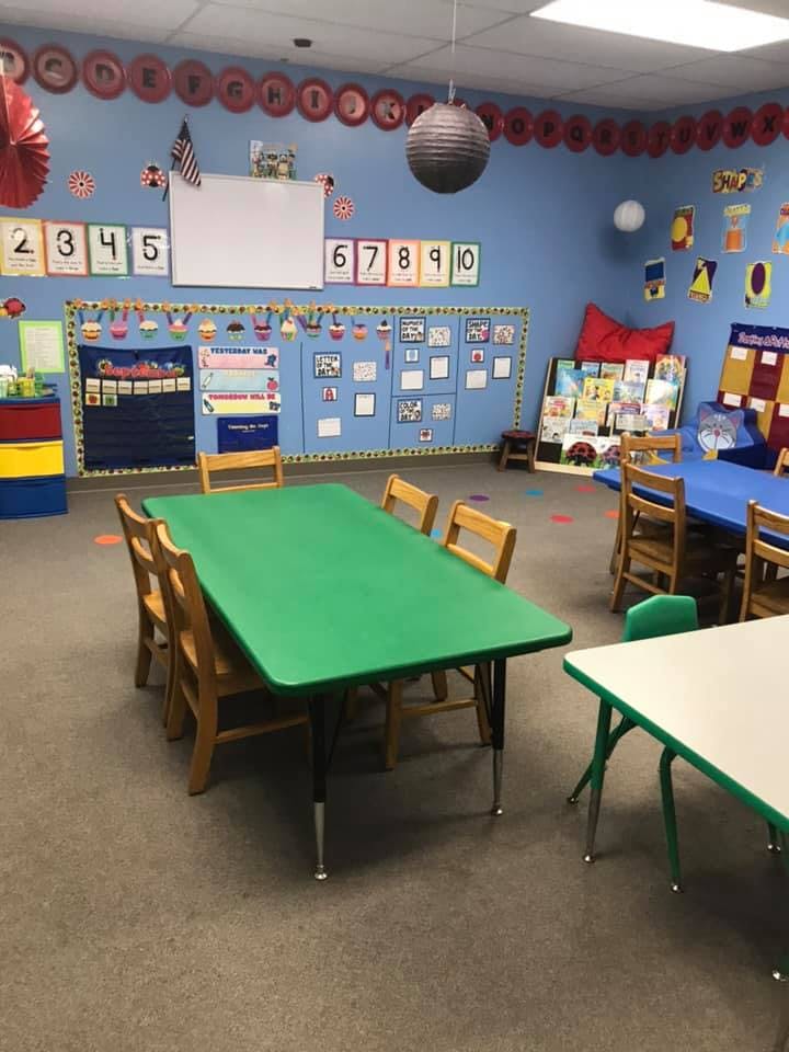 Classroom with green and blue tables and chairs