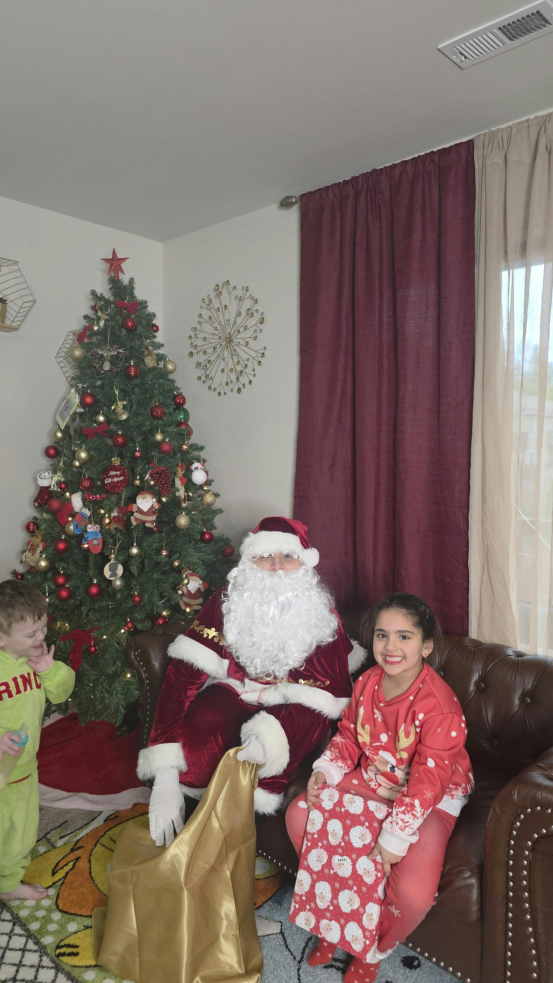 Person dressed as Santa Claus with two children next to a Christmas tree