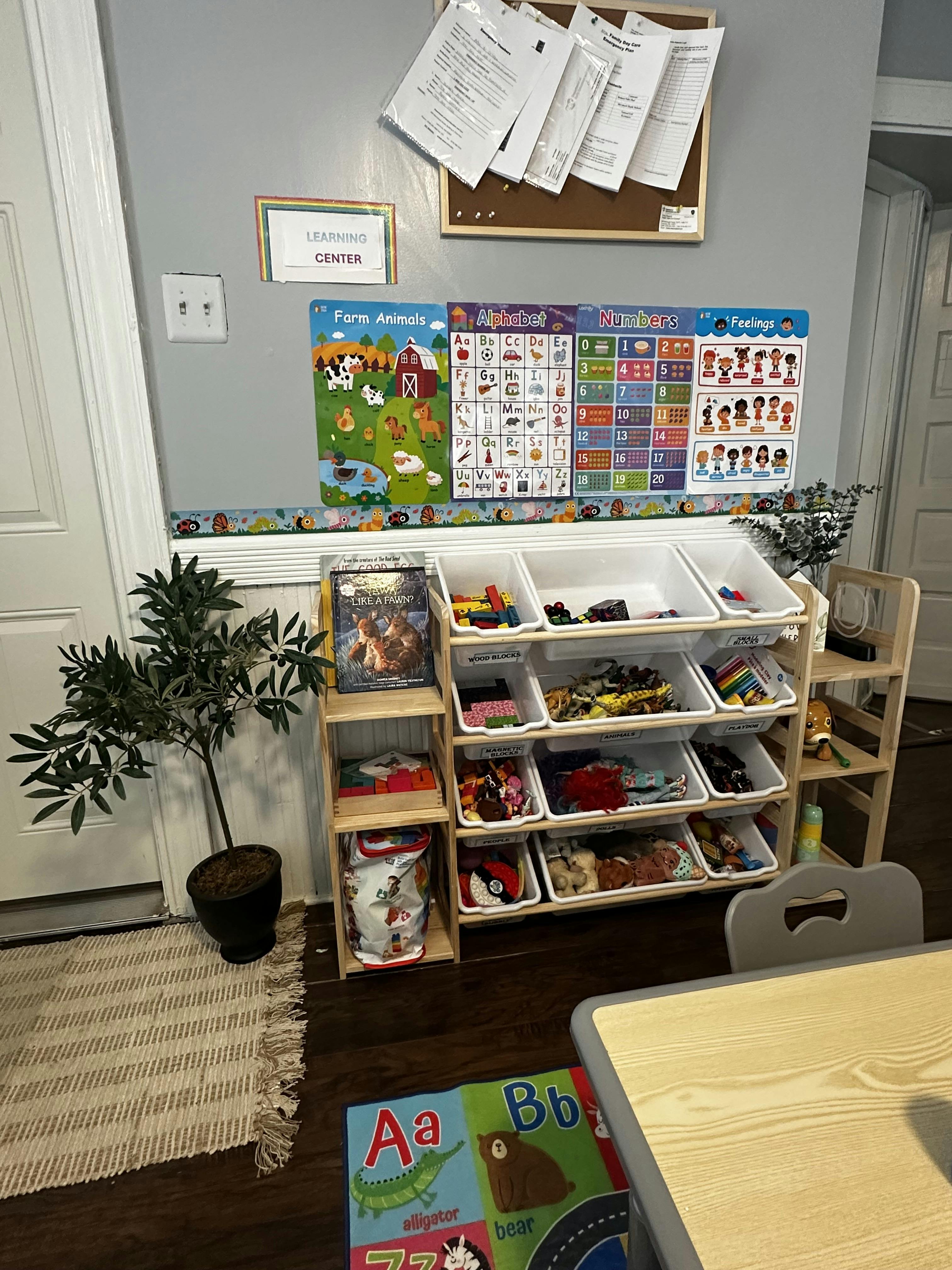 Classroom learning center with educational posters and a storage shelf for toys