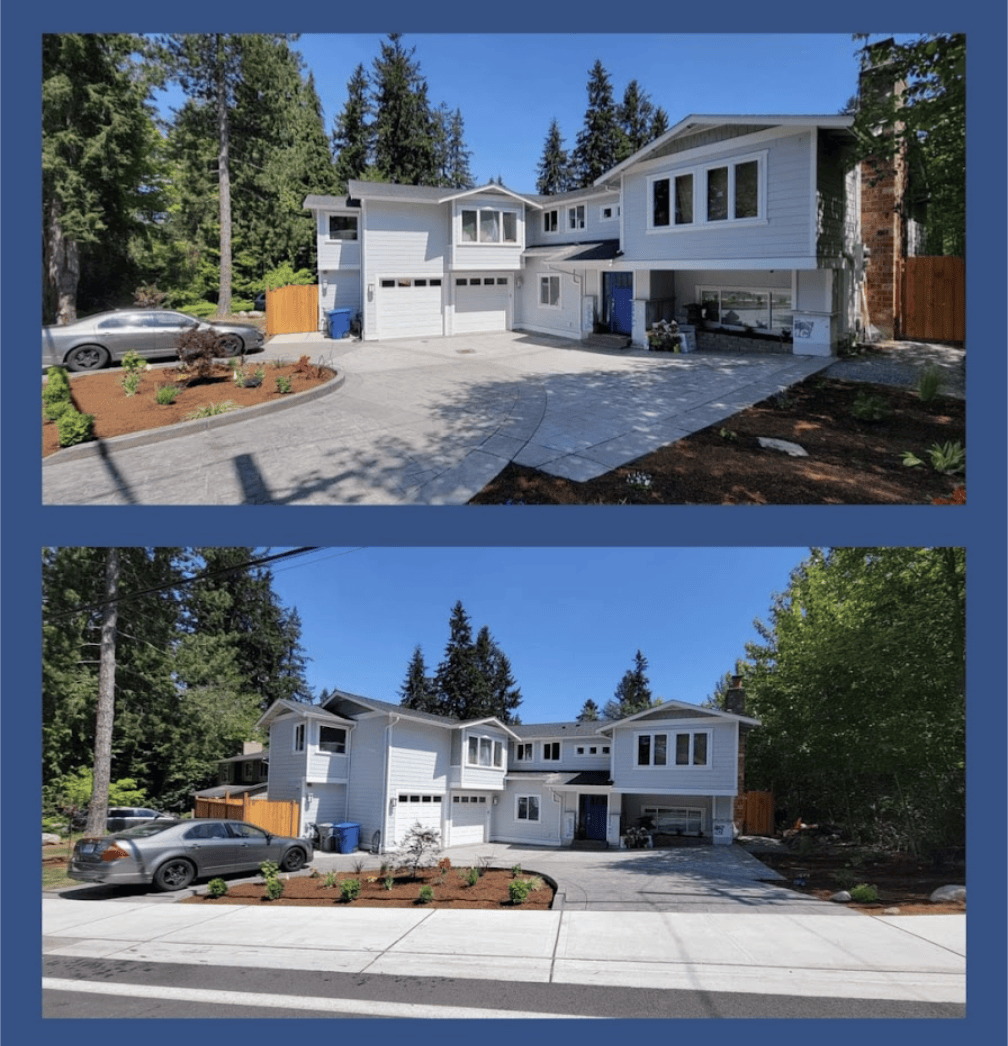 Two images of a light-colored house with a driveway and trees