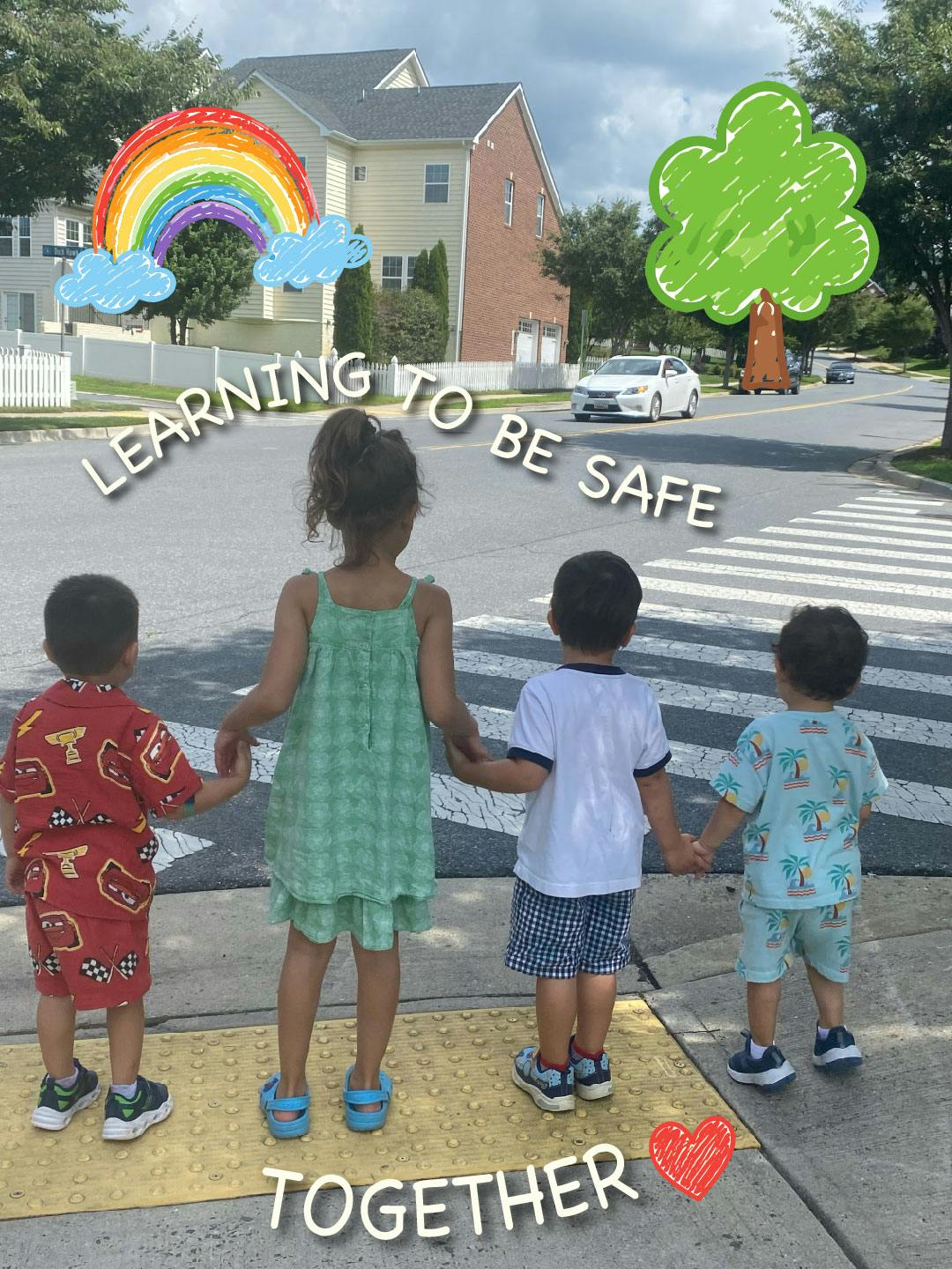 Four children holding hands at a crosswalk with text reading learning to be safe