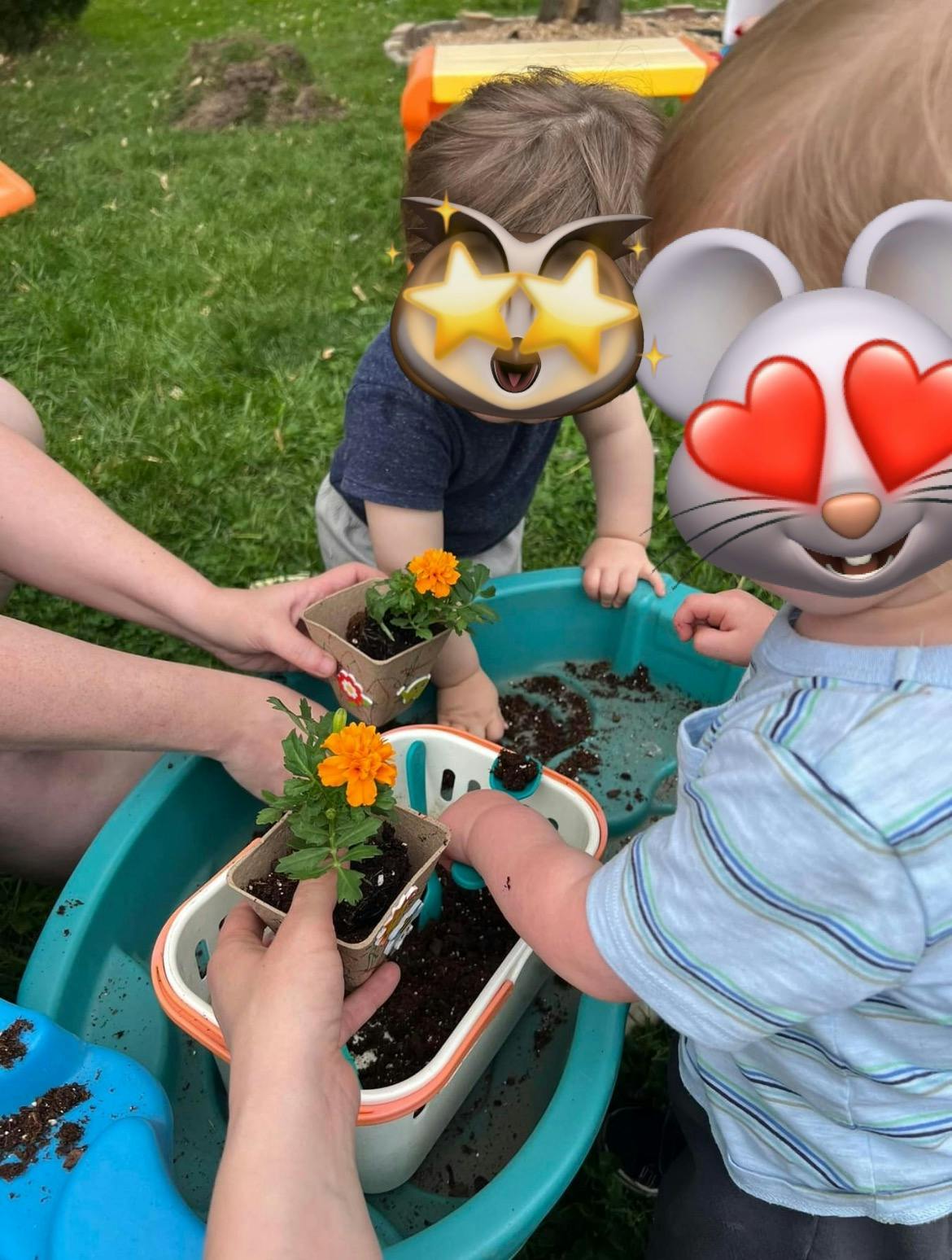 People and children planting flowers in a container