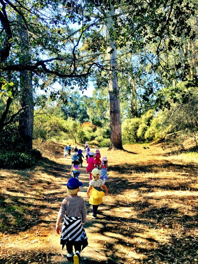 Children walking on a dirt path in a wooded area