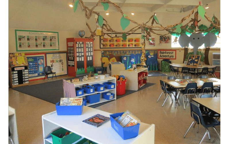 Classroom decorated with paper vines and leaves, tables and chairs, storage bins