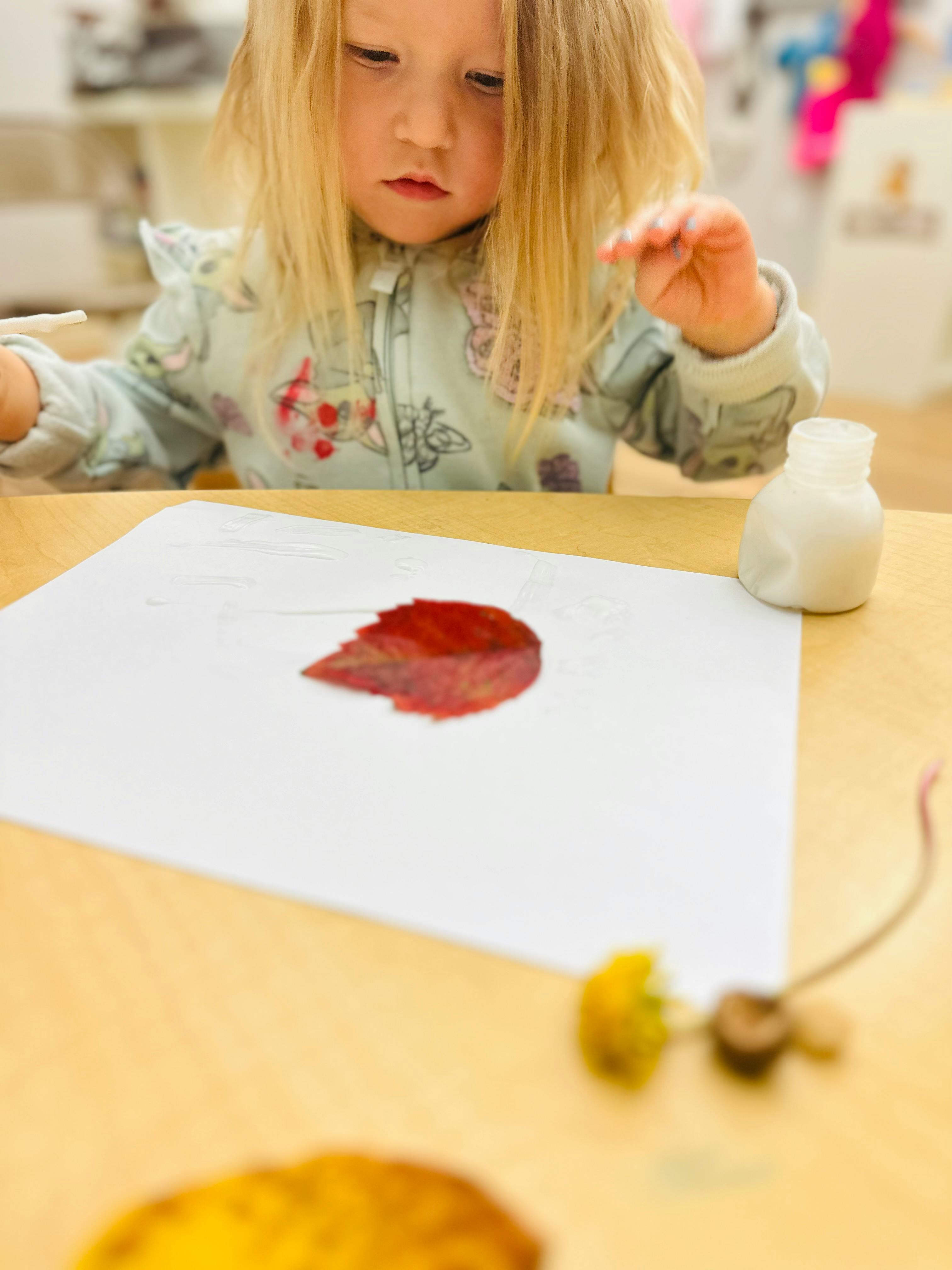 Child looking at a red leaf on a white paper