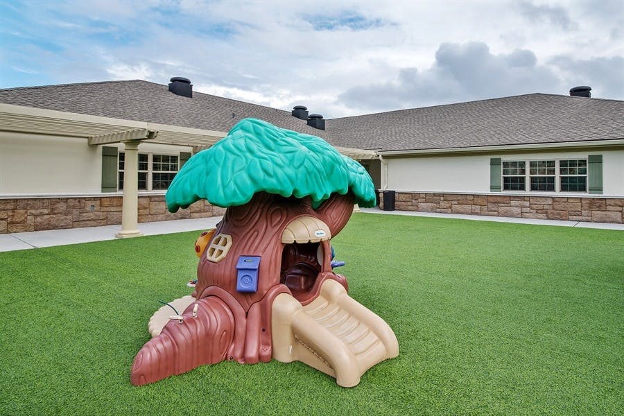 Play structure shaped like a tree with a slide on a green lawn