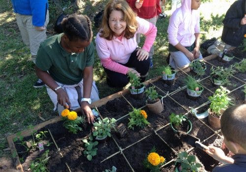 Adult and children planting in a garden
