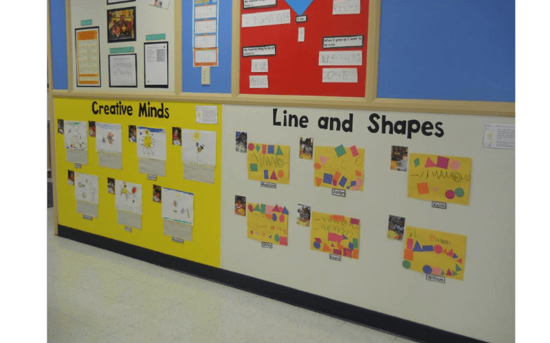 Classroom wall display of children's drawings and artwork