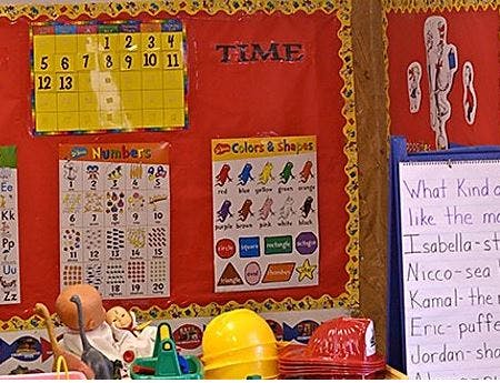 Classroom bulletin board with learning charts for numbers, colors, and shapes