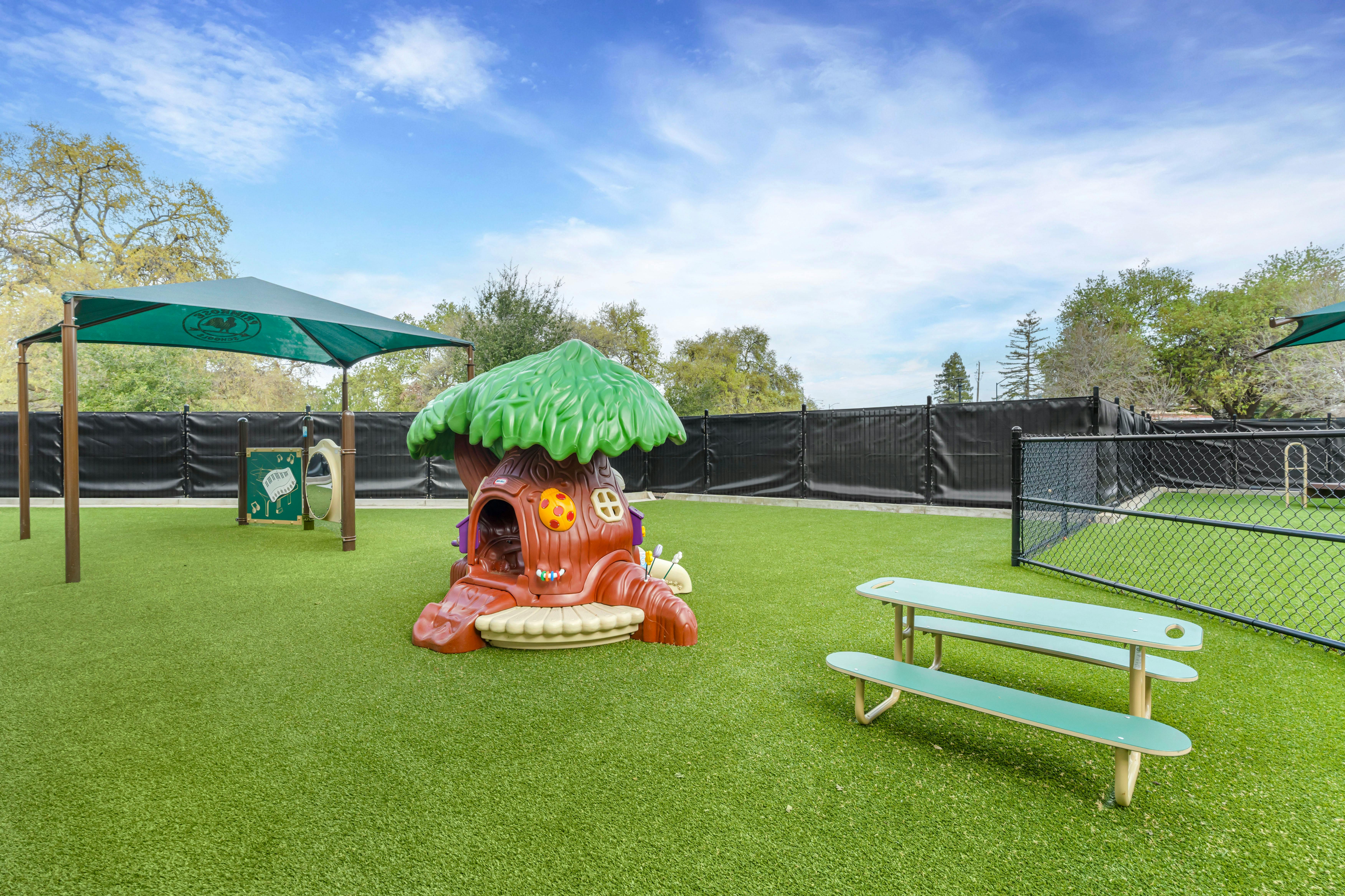 Outdoor playground with artificial turf, a tree-shaped play structure, and a picnic table
