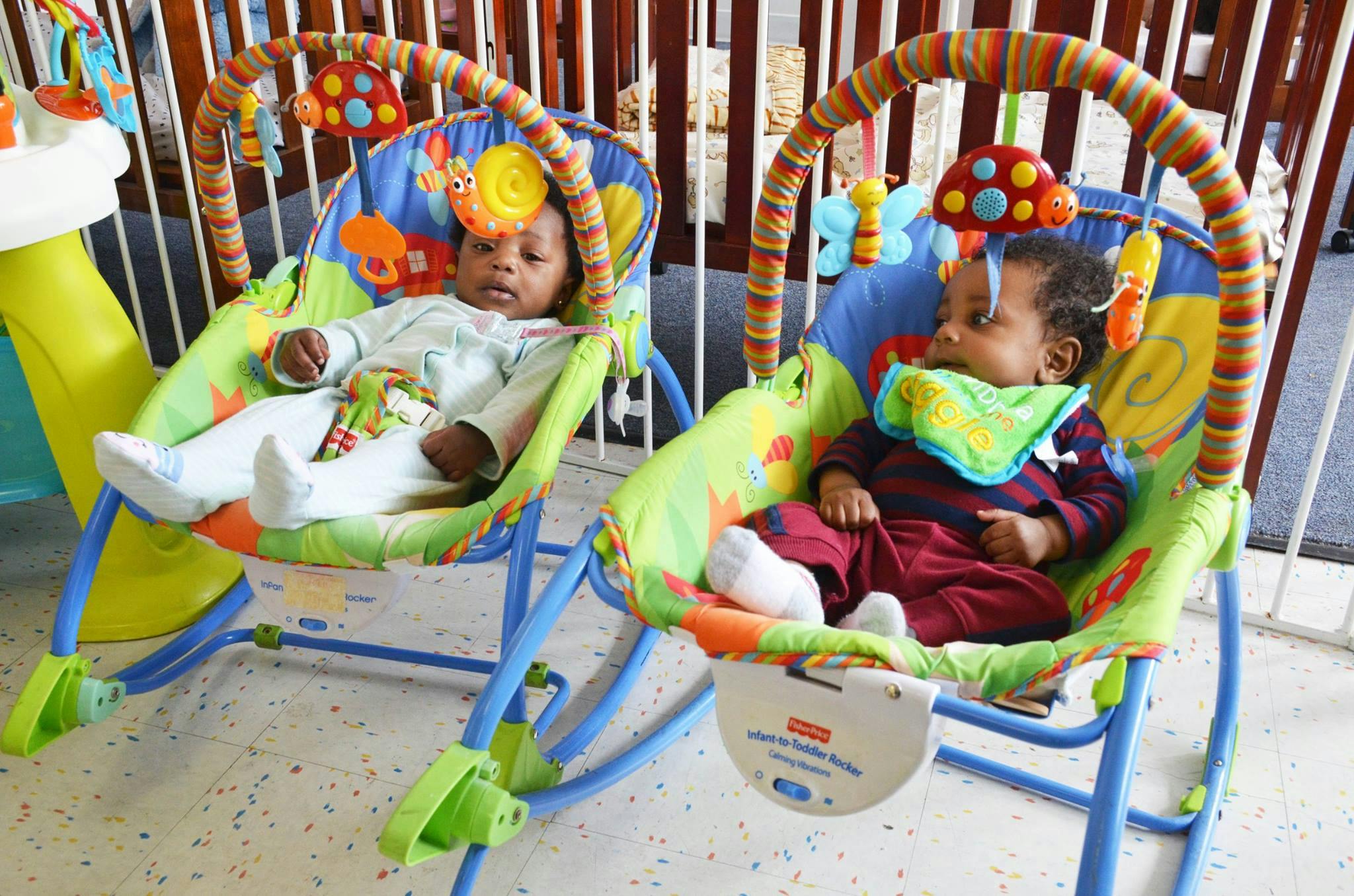 Two babies sitting in bouncer chairs