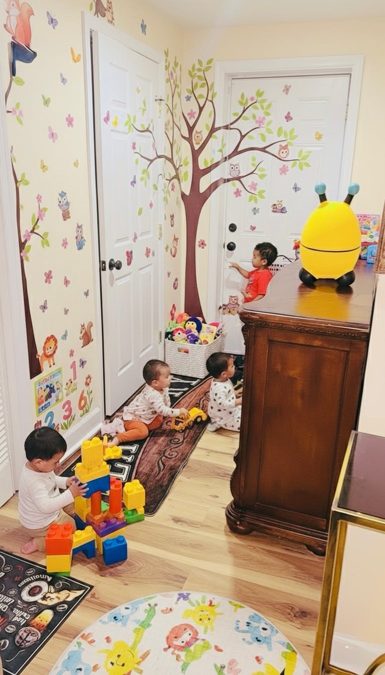 Three children playing with toys in a room decorated with wall decals