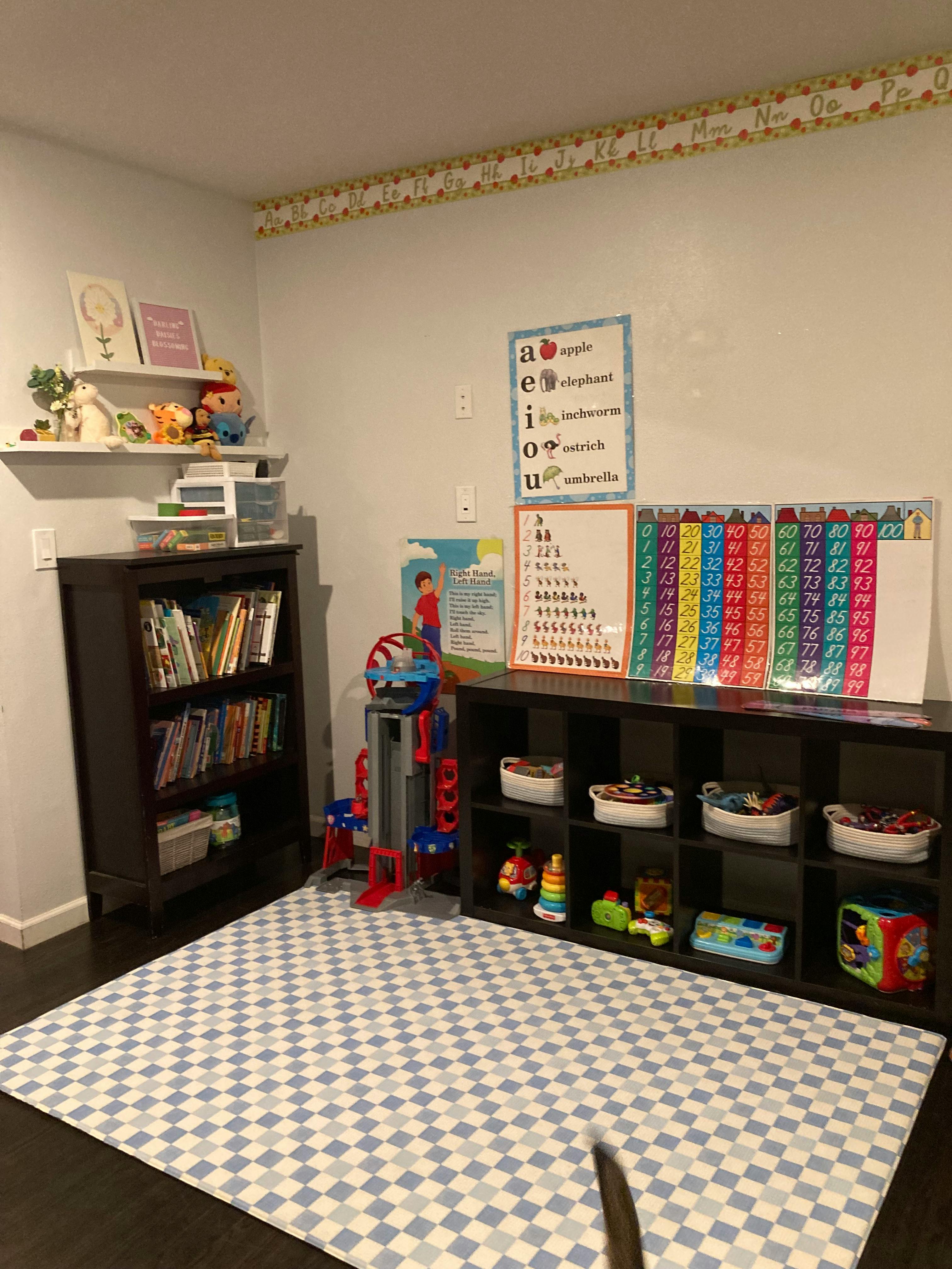Playroom with bookshelves, toys, and educational posters on the wall