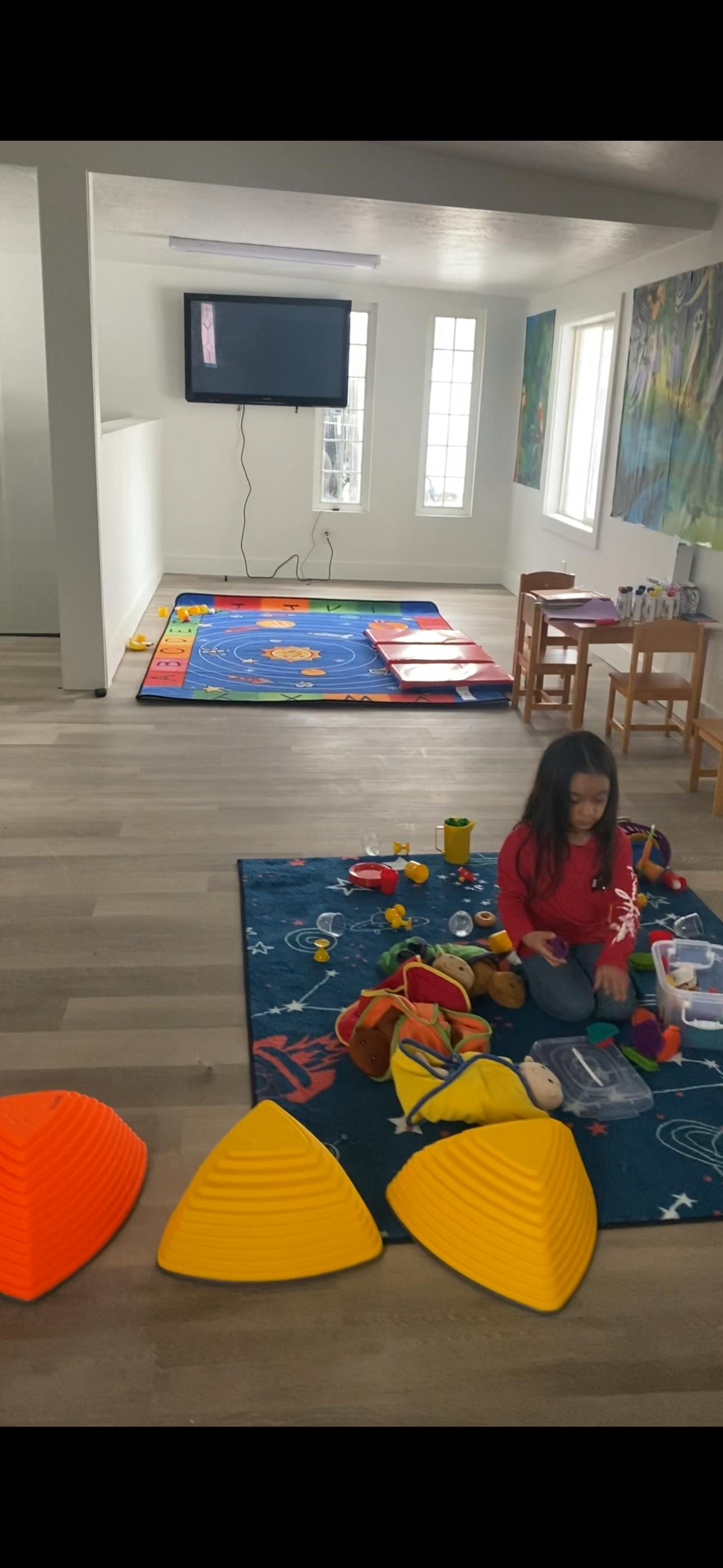 Child playing with toys on a rug in a room