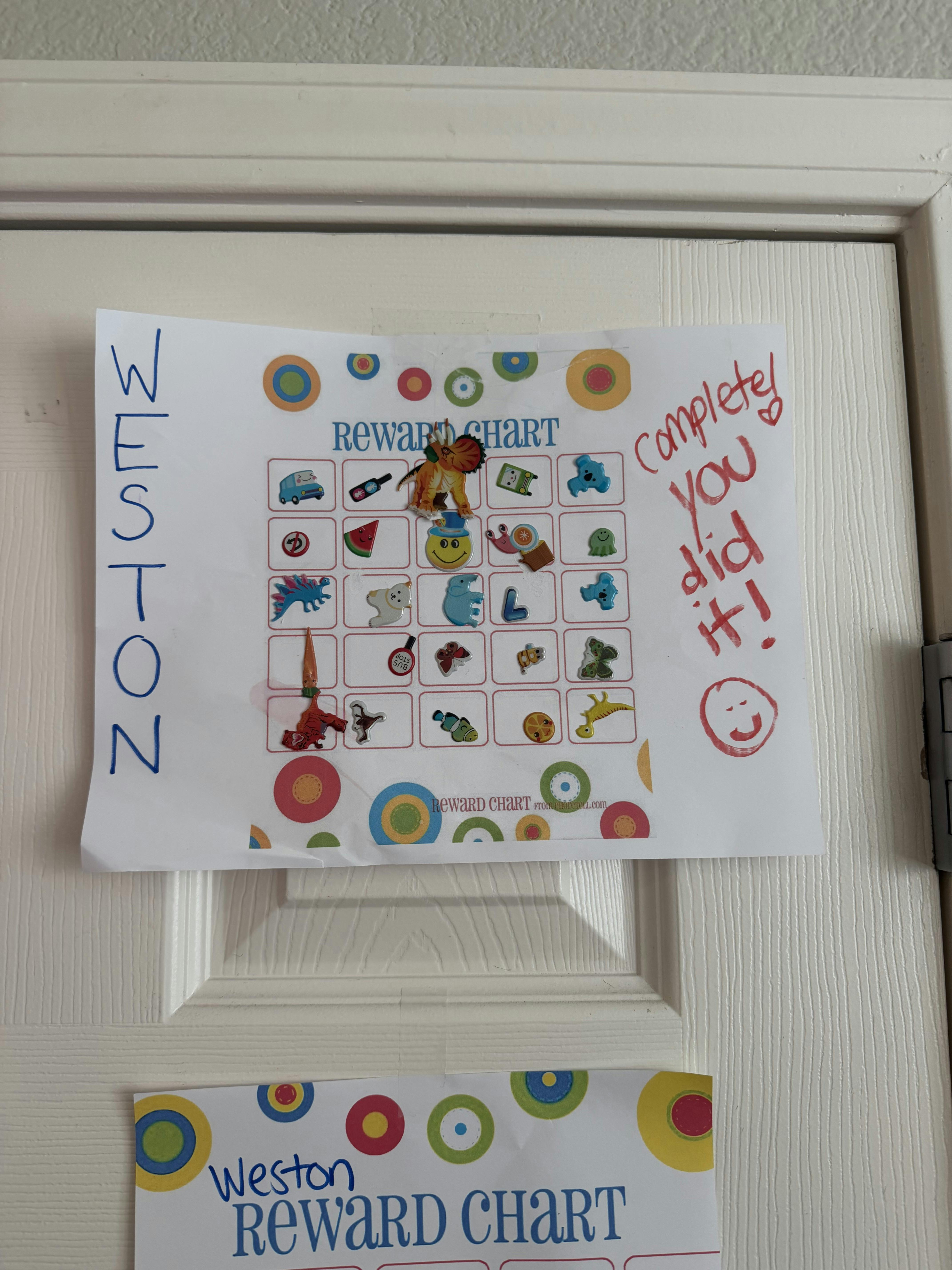 Reward chart with stickers and text "Complete! You did it!"