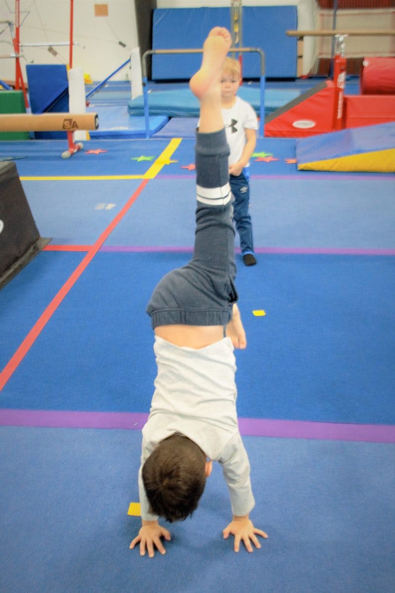 Child doing a handstand in a gymnastics gym