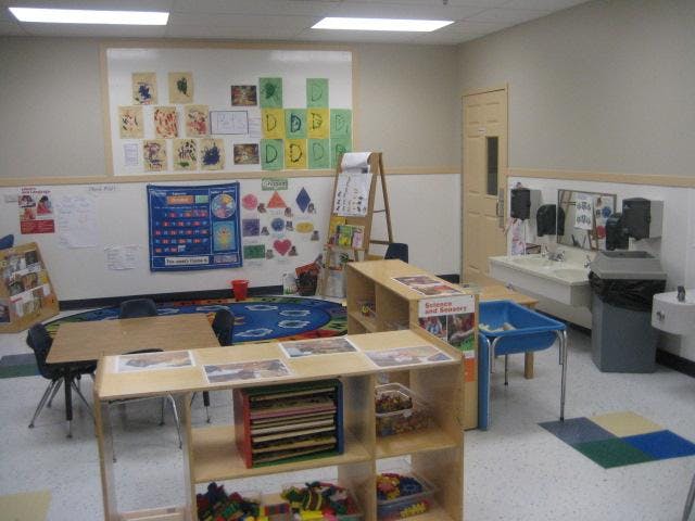 Classroom with whiteboard displays, small tables, and sinks