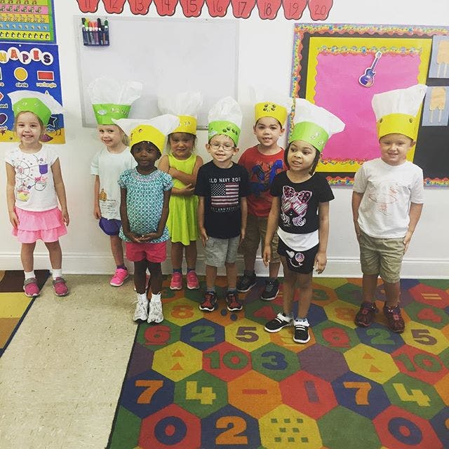 Group of children wearing chef hats in a classroom