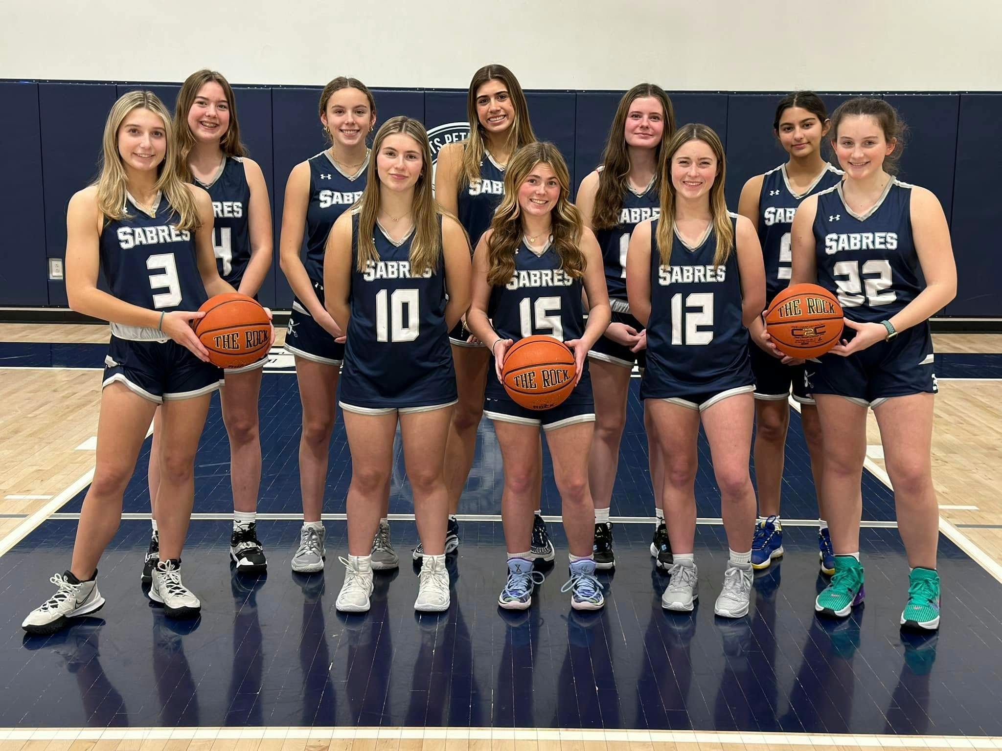 Group of teens in basketball uniforms holding basketballs on a court