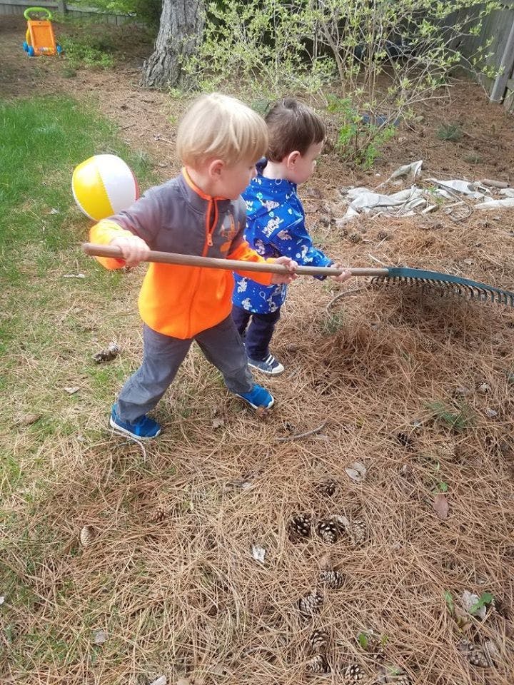 Two children raking pine needles