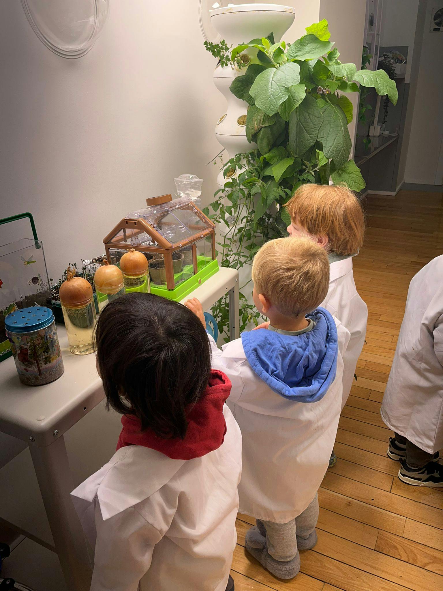Children in lab coats looking at a small greenhouse and plants