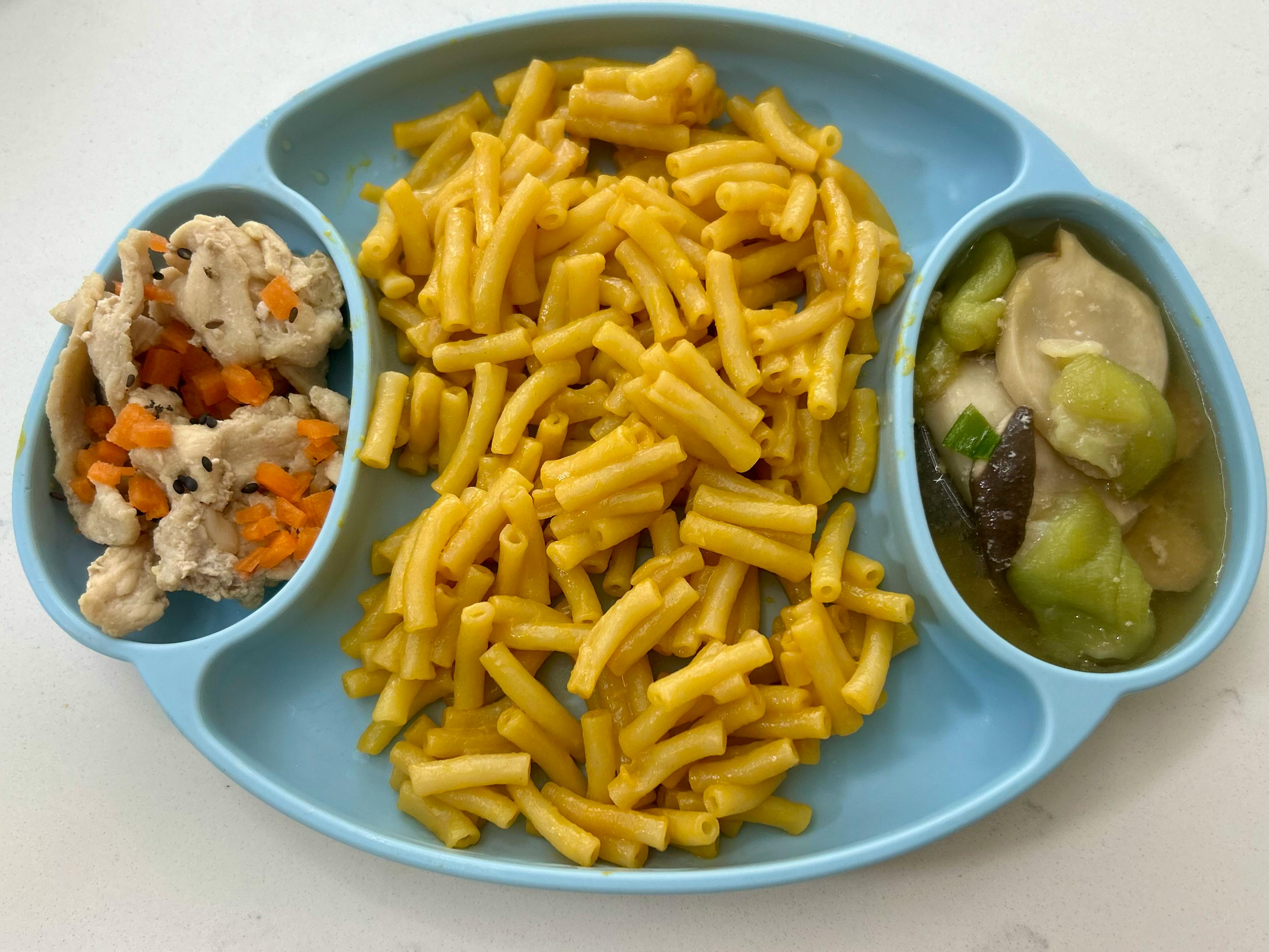 Macaroni, chicken with carrots, and vegetable soup on a divided blue plate
