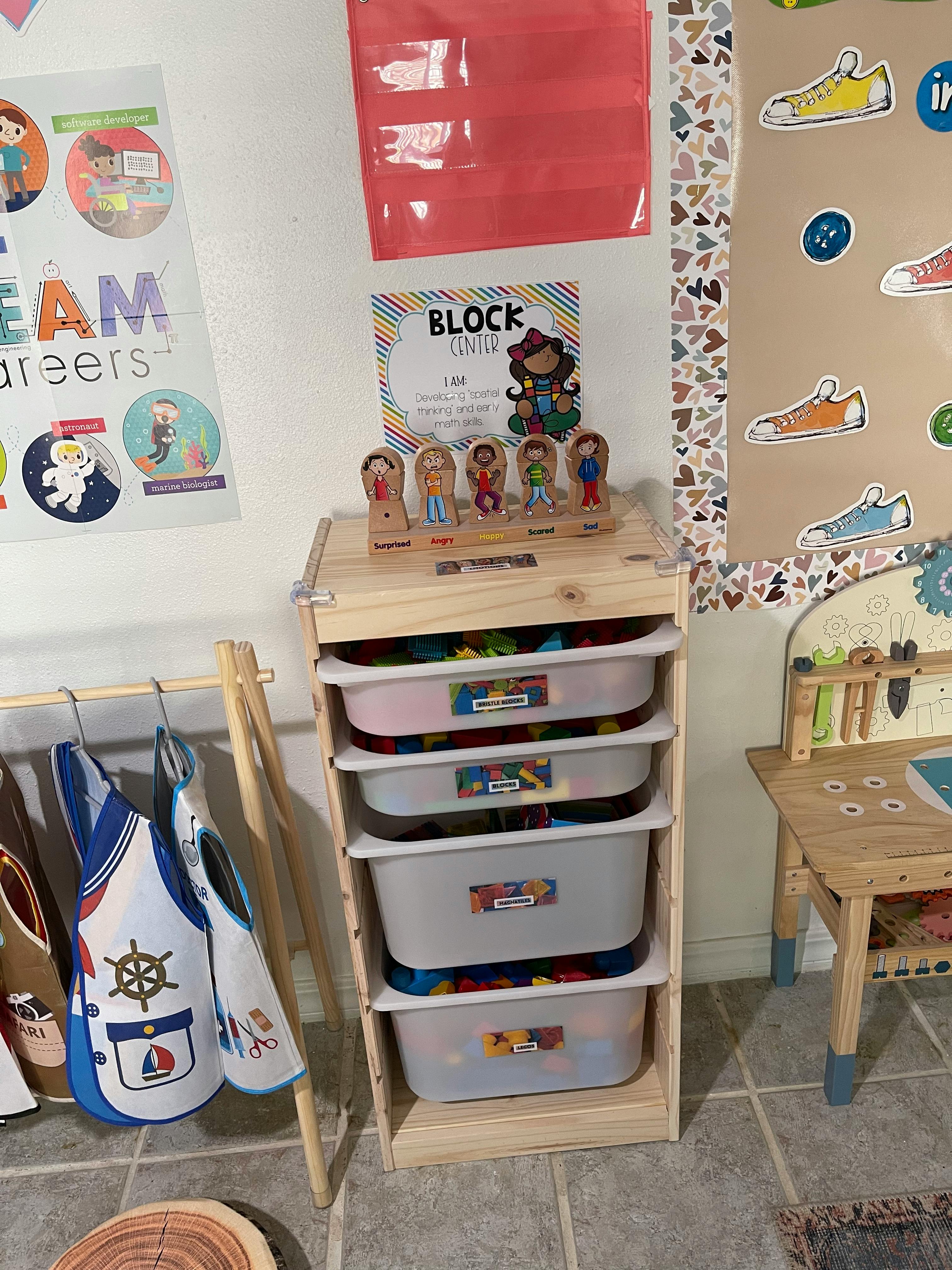 Classroom with storage unit, aprons, and wall decorations