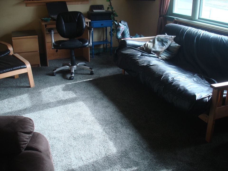 Cat resting on a black couch in a room with a desk and chair