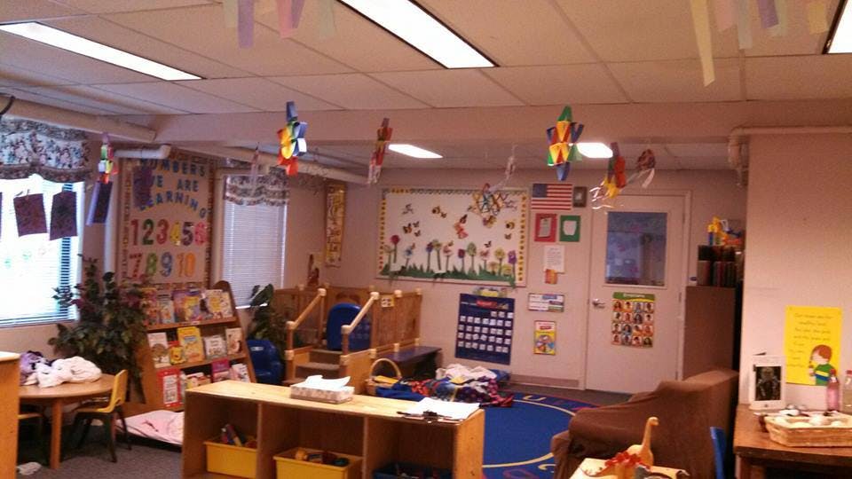 Classroom with tables, chairs, and decorations