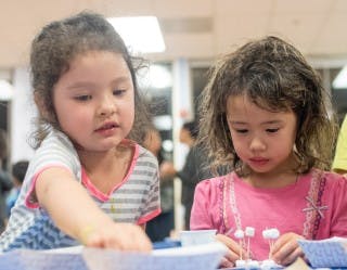 Two children engaged in an activity with small objects