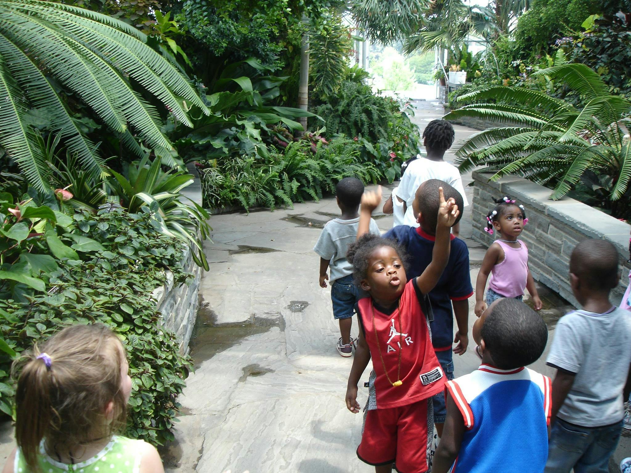 Group of children walking on a path surrounded by lush green plants