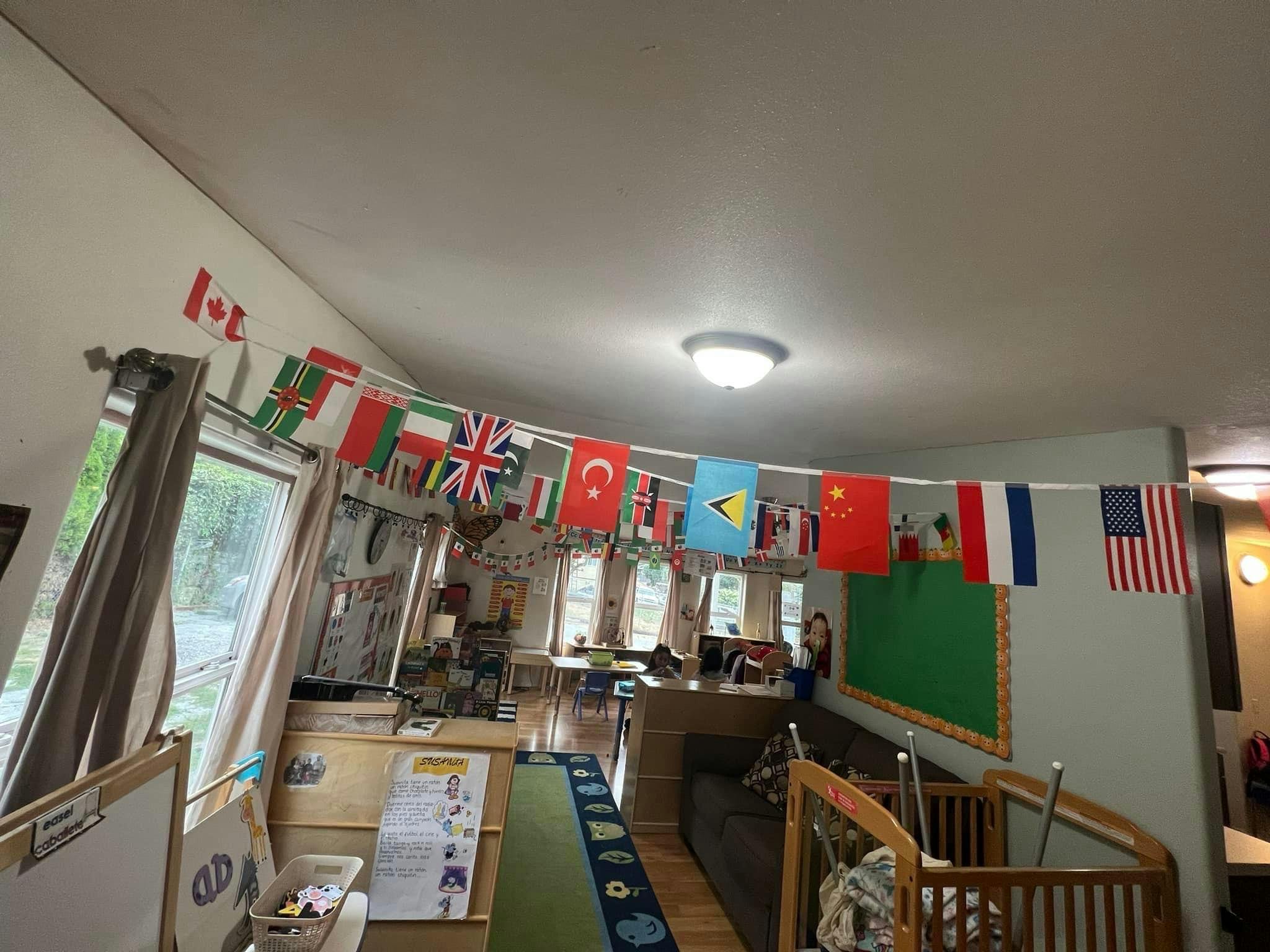 Flags of various countries strung across a room