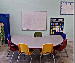 Empty classroom with a table and chairs