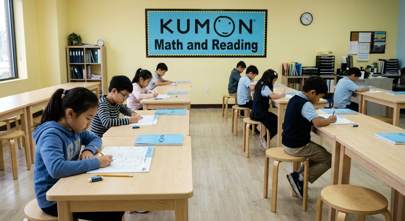 Children working at desks in a classroom with a Kumon sign on the wall