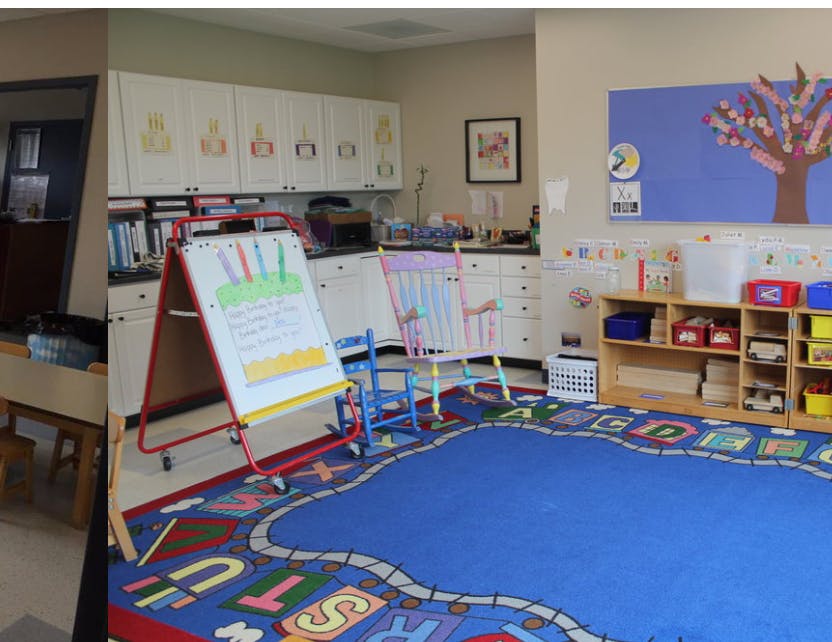 Classroom with a blue rug, easel, and small chairs