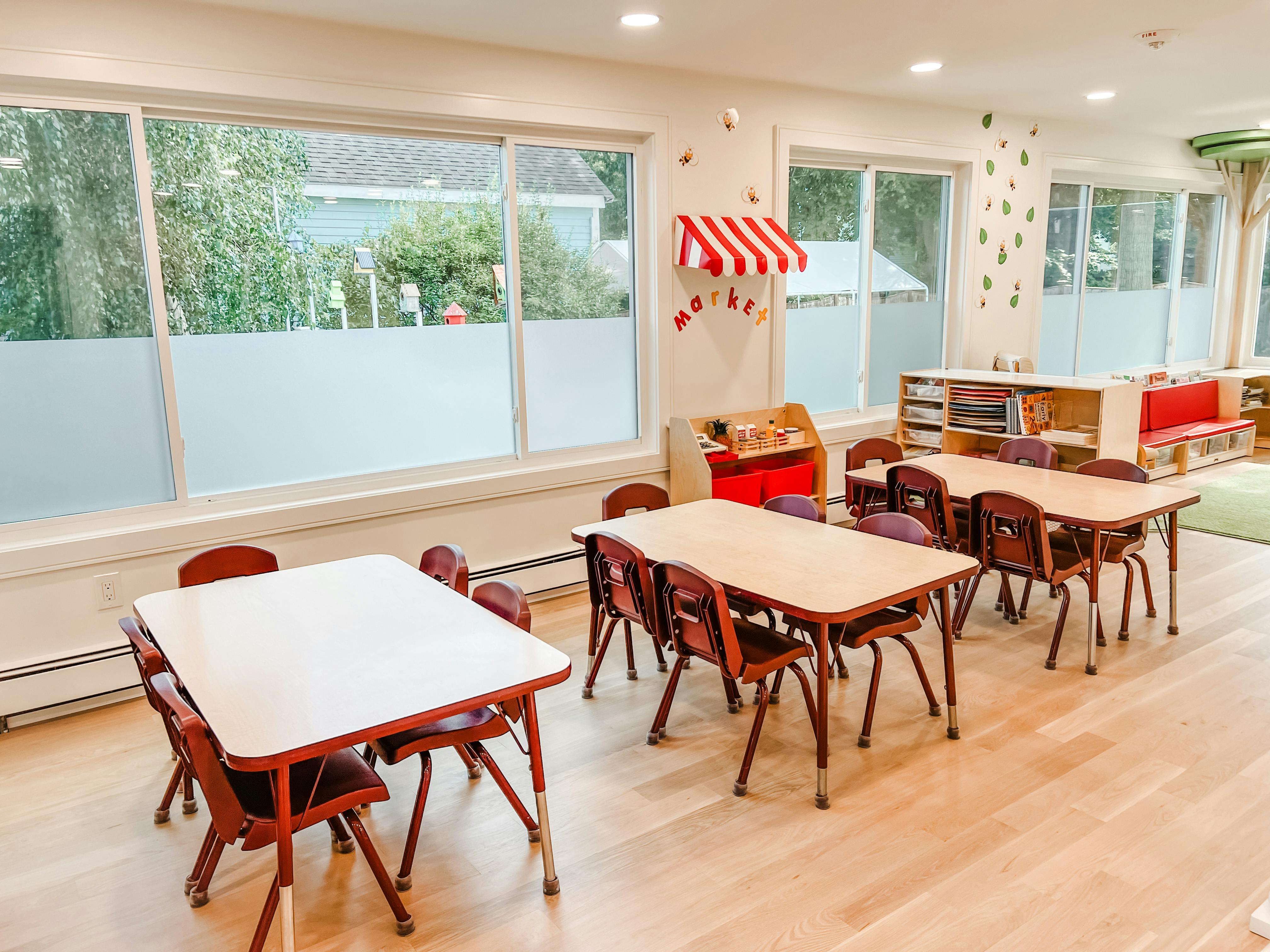 Classroom with small tables and chairs
