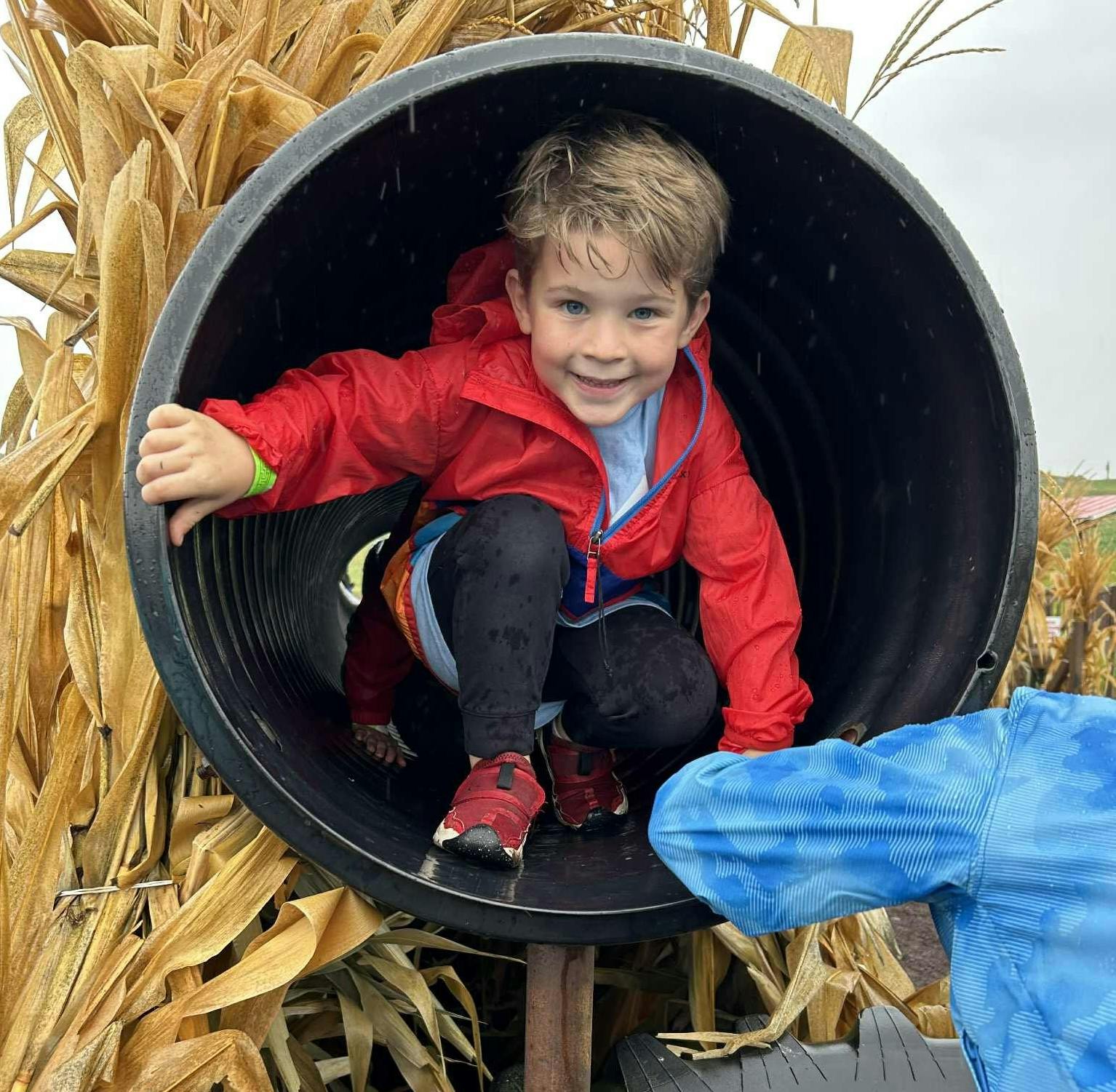Child in a red jacket crawling out of a black tunnel in a cornfield