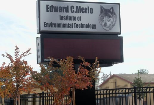Sign for Edward C. Merlo Institute of Environmental Technology with wolf logo