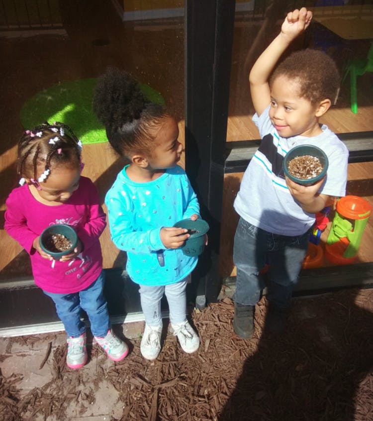 Three children holding small containers with dirt