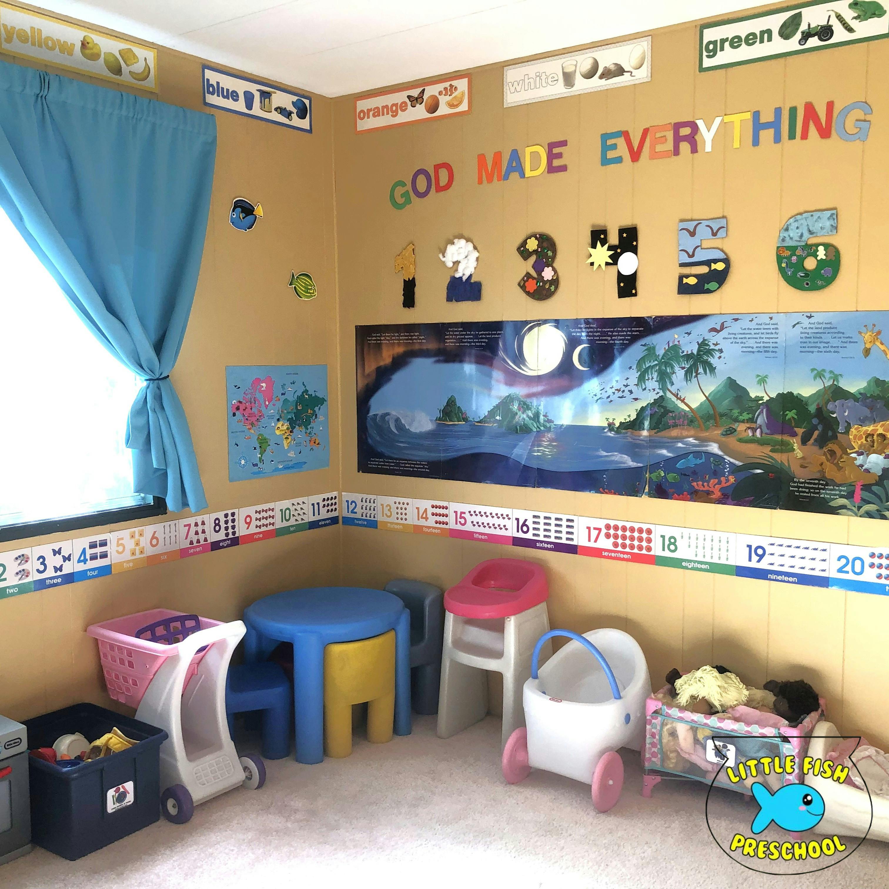 Children's classroom with learning materials and play furniture