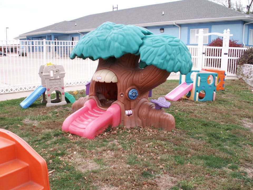 Playground with a tree-shaped play structure and slides