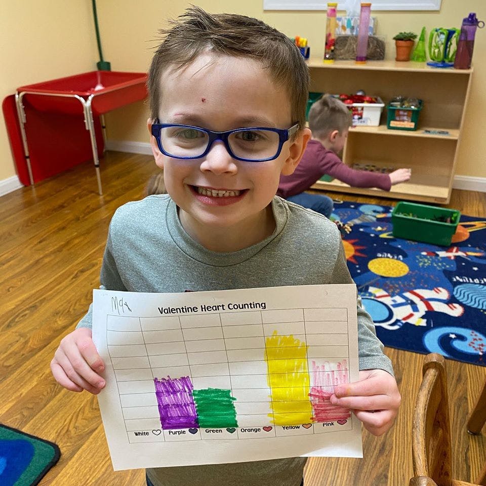 Child in glasses holding up a bar graph titled "Valentine Heart Counting"