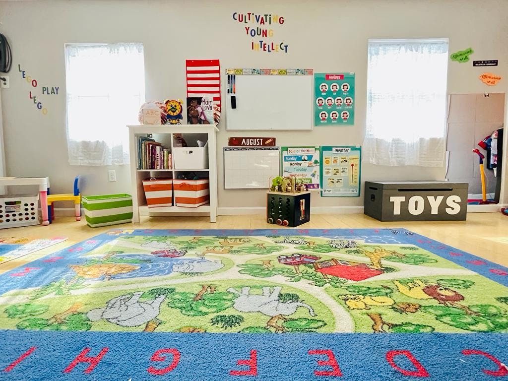 Playroom with a colorful rug, shelves, and a toy box