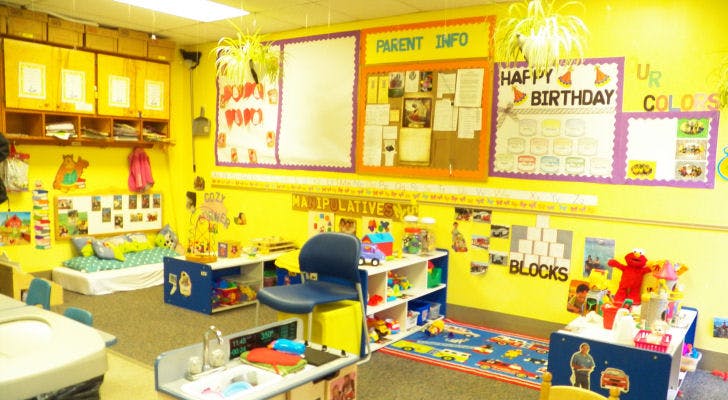 Child's classroom with toys, bulletin boards, and small furniture