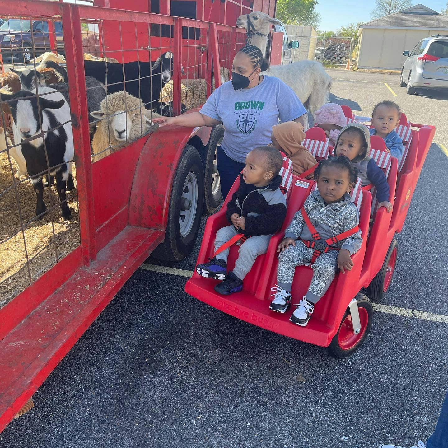 Person with children in a wagon feeding animals in a trailer